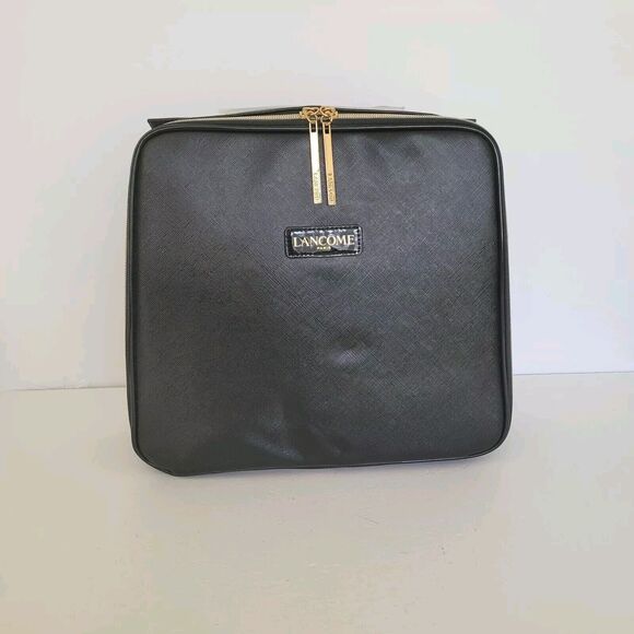 LANCOME Paris Large Black TRAIN CASE Cosmetic Travel Bag Aprox 12”x10” - Picture 1 of 8